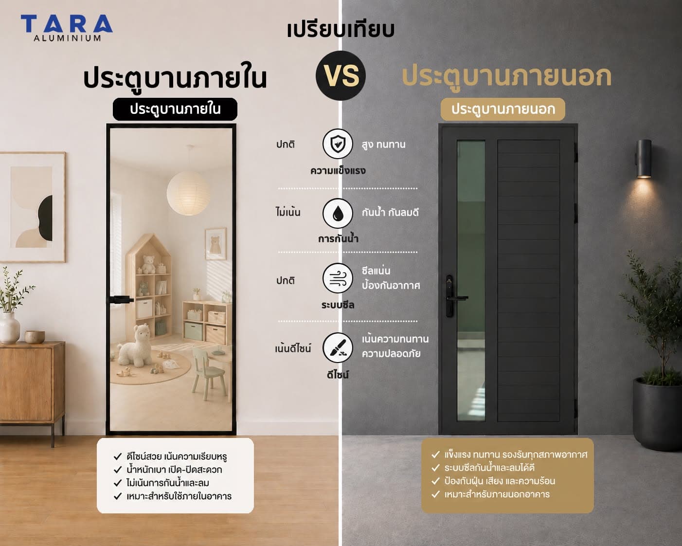 เปรียบเทียบประตูบานภายใน (Interior) และประตูบานภายนอก (Exterior) — บทบาทและจุดเด่นที่ต่างกัน